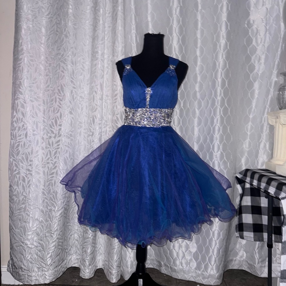 Royal Blue Rhinestone Fit & Flare Mini Dress Size 10 Beaded Party Cocktail Dress